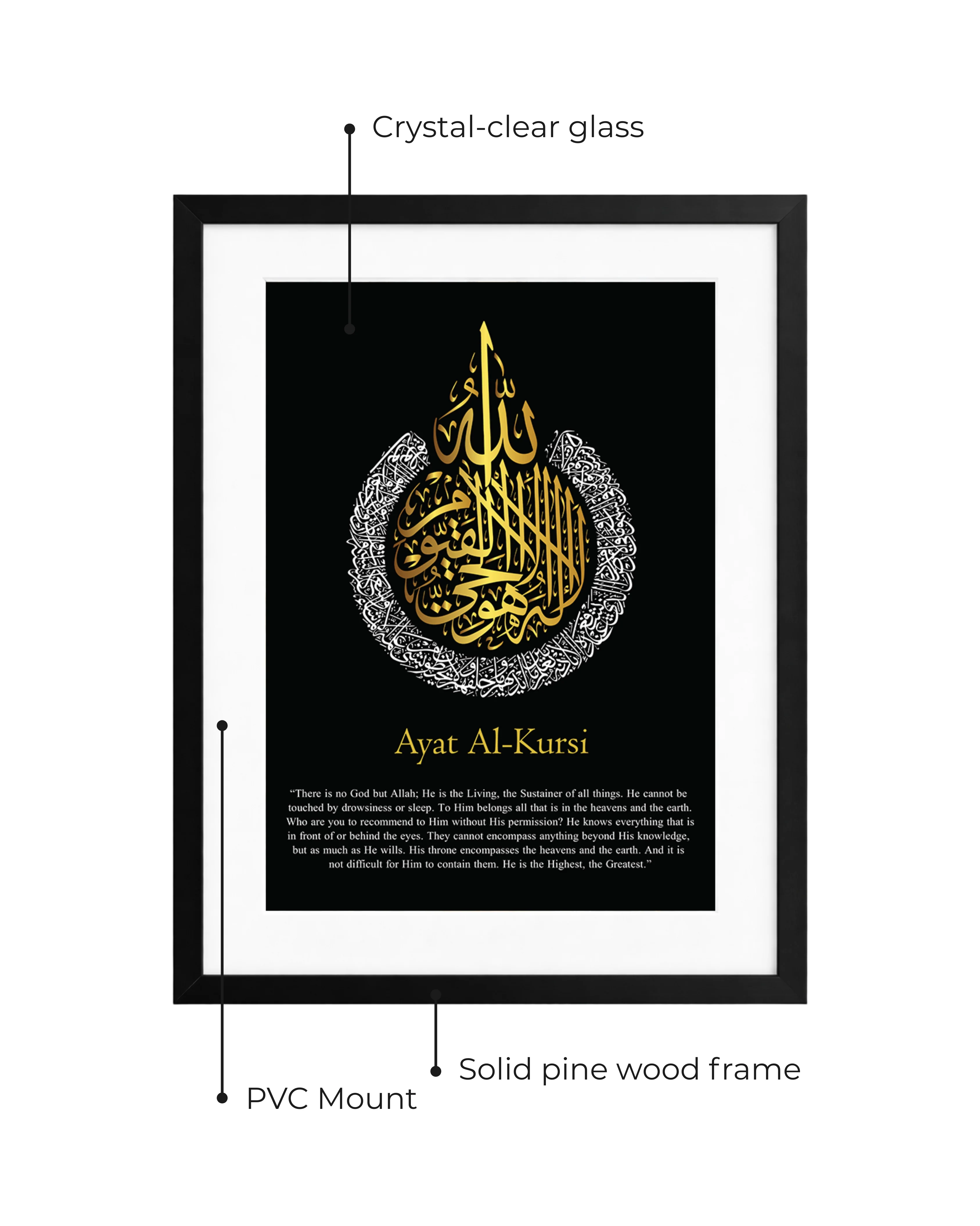 Ayatul Kursi English Calligraphy Black (White and Gold Design) Frame - Image 5
