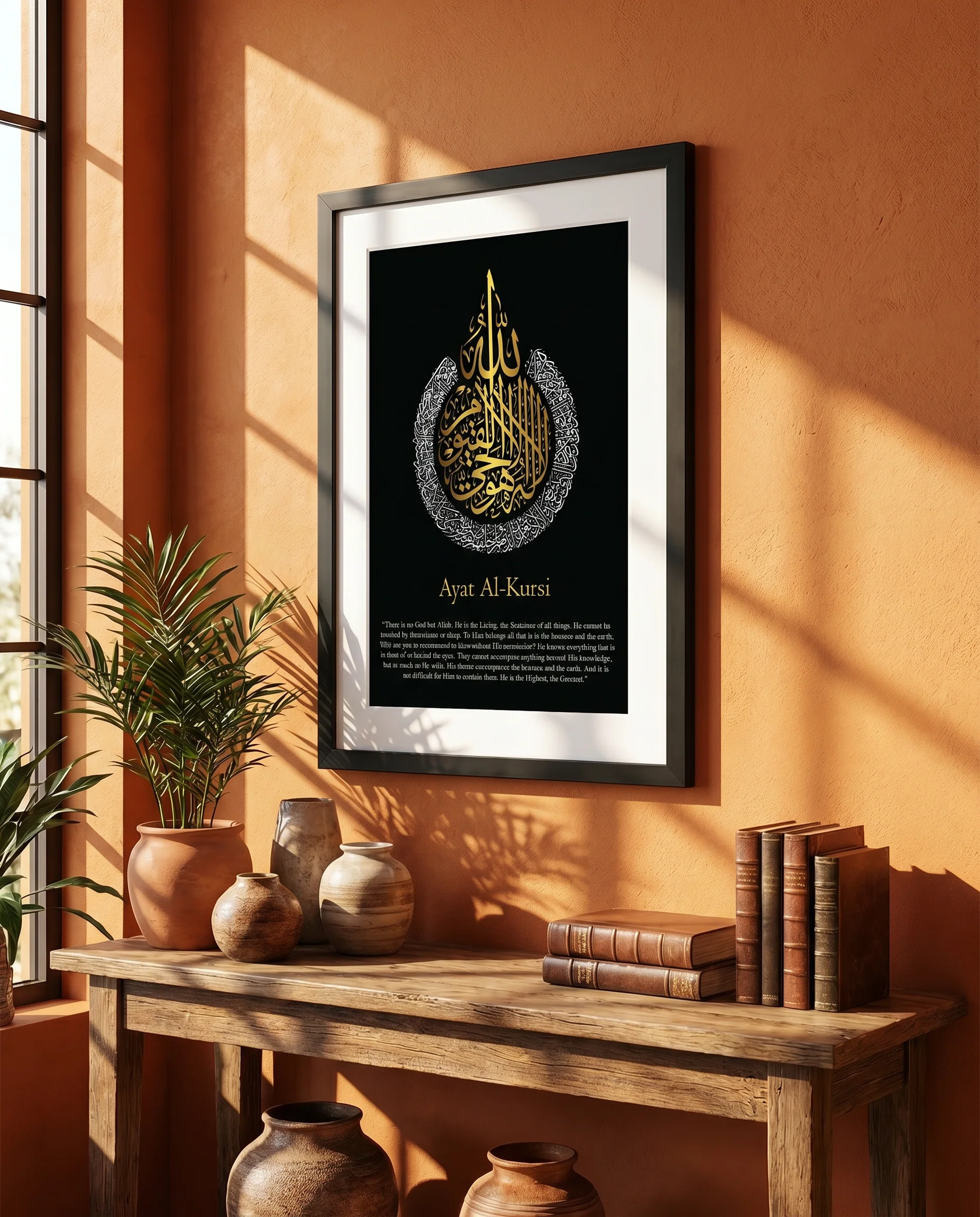 Ayatul Kursi English Calligraphy Black (White and Gold Design) Frame - Image 6